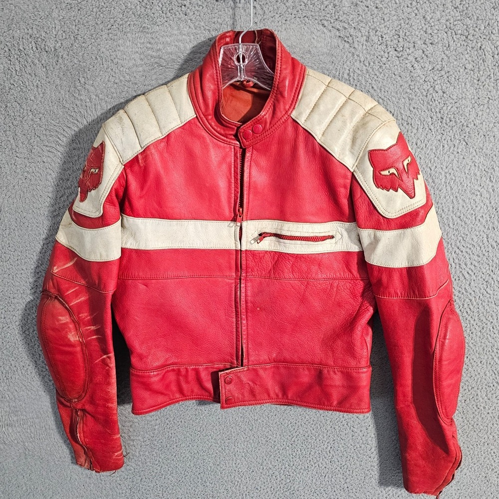 Vintage 1980s FOX Racing Motocross Leather Jacket Red US S Protected Korea
